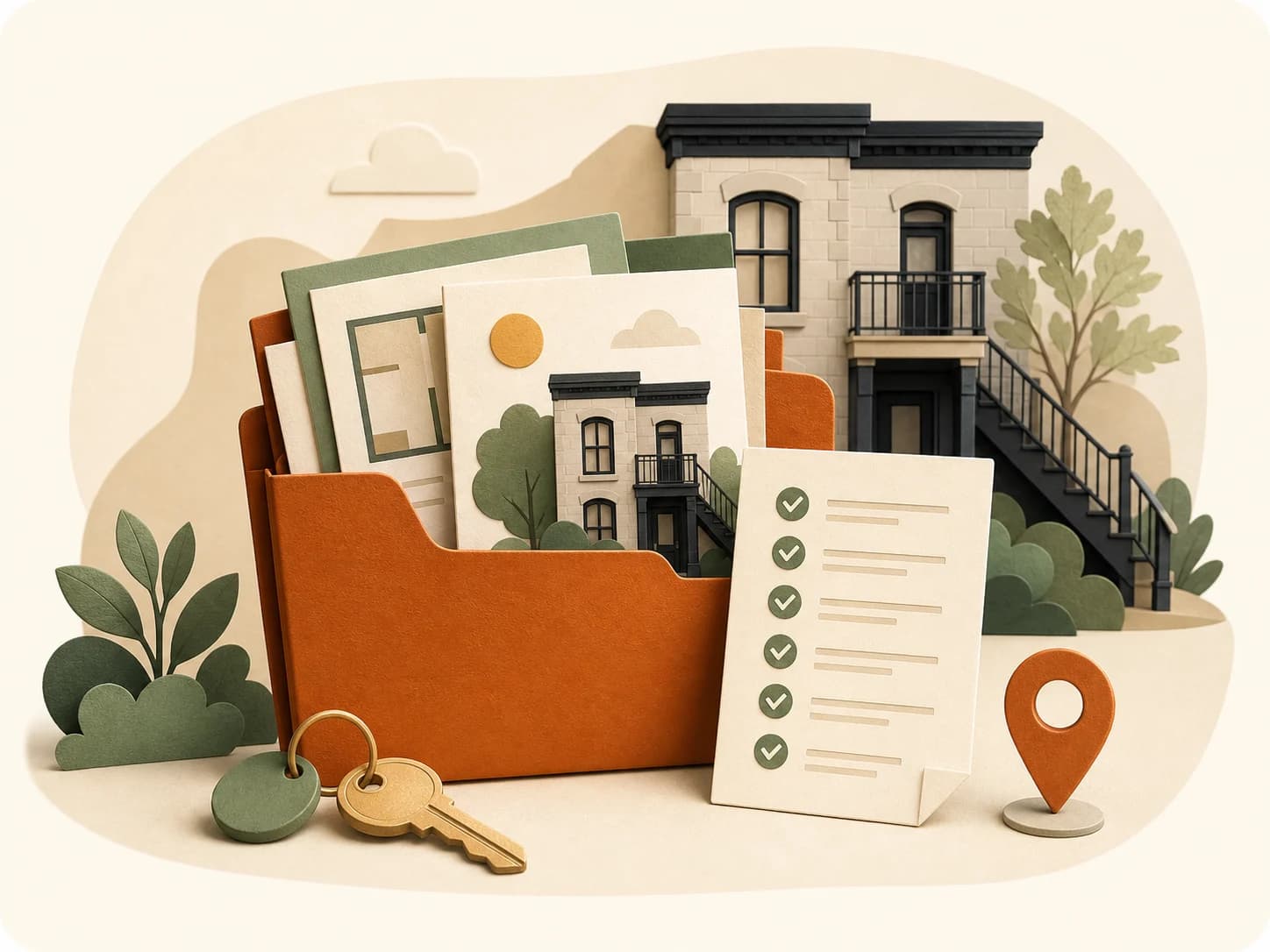 An organized rental application folder, checklist, apartment key, and Montréal duplex