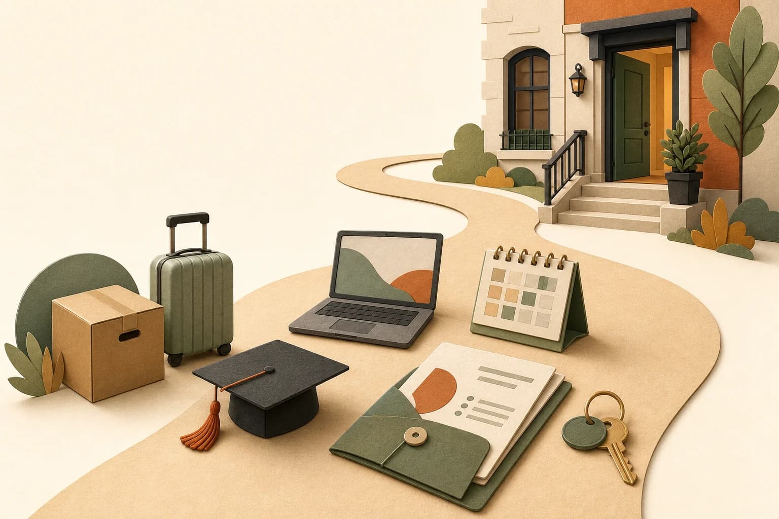 Moving, study, work, and application items leading toward a Montréal apartment